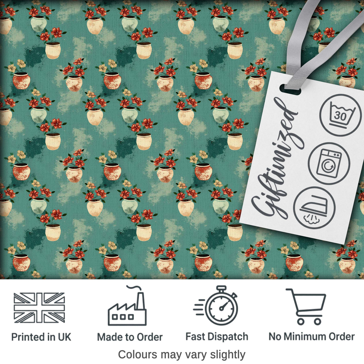 Vintage Floral Pots Rustic Garden Seamless Pattern Digital Print Fabric by the Metre UK Sewing Quilting Textile