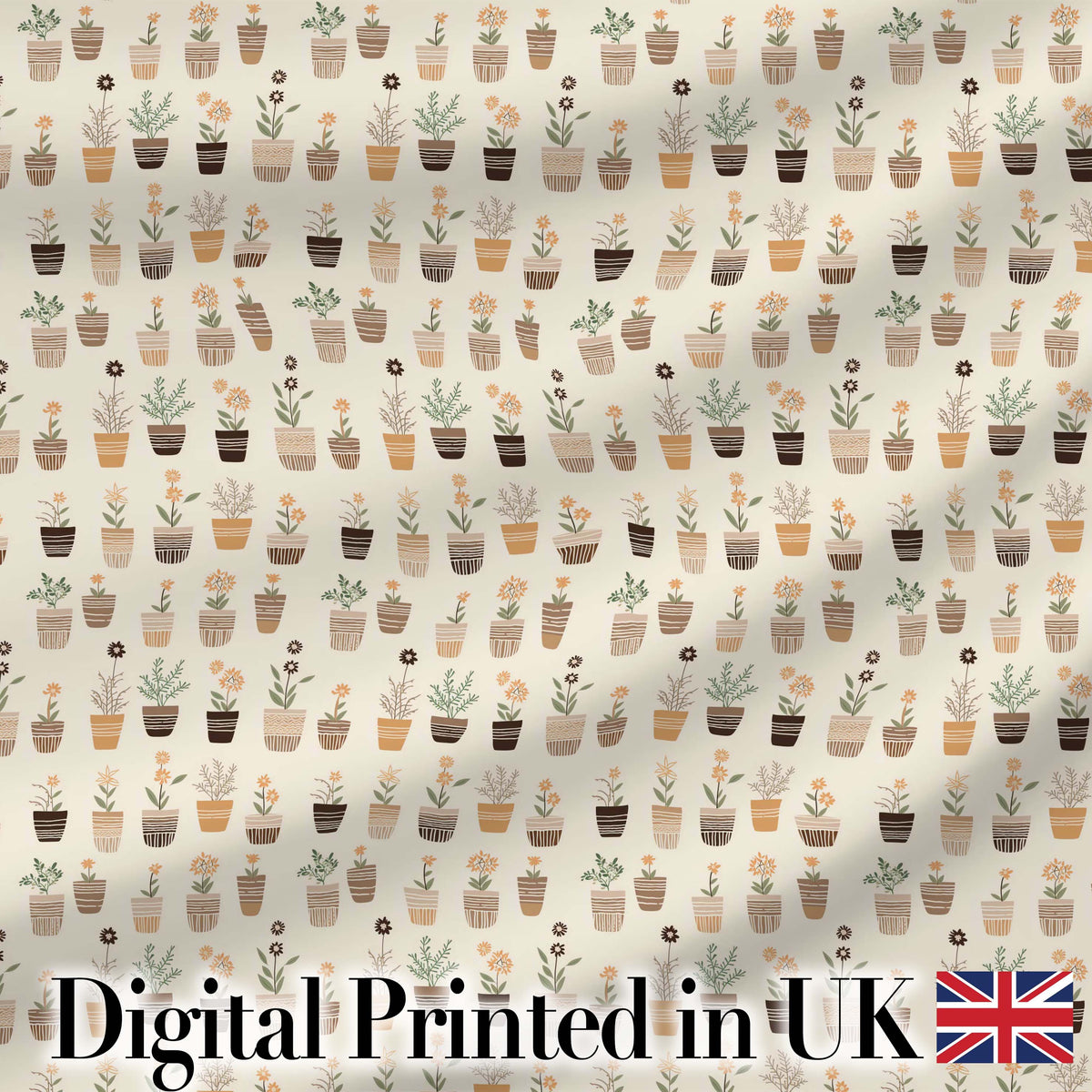 Minimal Plant Pots Neutral Botanical Seamless Pattern Digital Print Fabric by the Metre UK Sewing Quilting Textile
