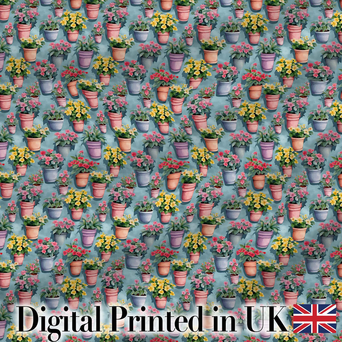 Colorful Flower Pots Garden Bloom Seamless Pattern Digital Print Fabric by the Metre UK Sewing Quilting Textile