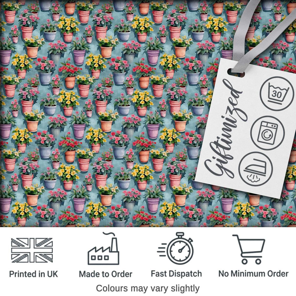 Colorful Flower Pots Garden Bloom Seamless Pattern Digital Print Fabric by the Metre UK Sewing Quilting Textile