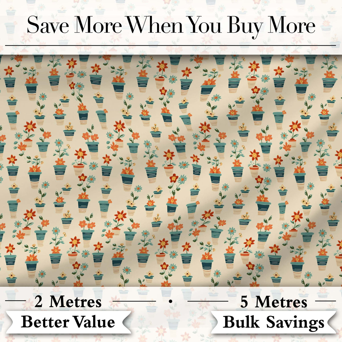Retro Floral Pots Orange Blue Seamless Pattern Digital Print Fabric by the Metre UK Sewing Quilting Textile