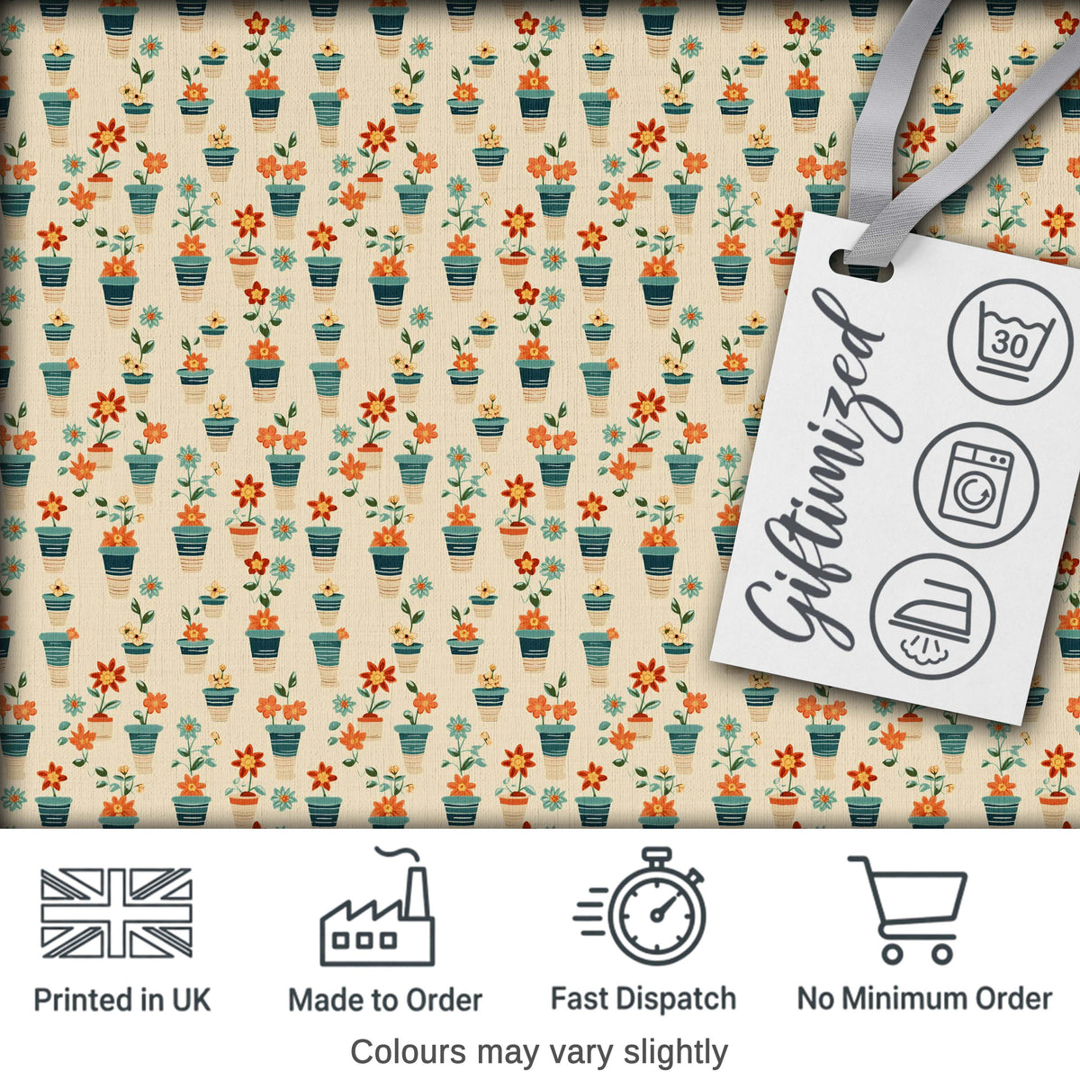 Retro Floral Pots Orange Blue Seamless Pattern Digital Print Fabric by the Metre UK Sewing Quilting Textile