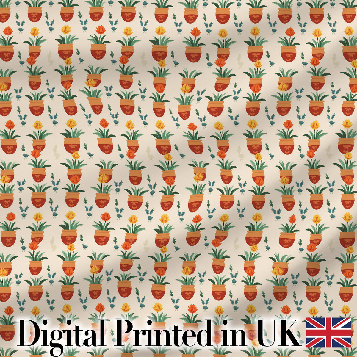 Terracotta Pots Yellow Flowers Seamless Pattern Digital Print Fabric by the Metre UK Sewing Quilting Textile