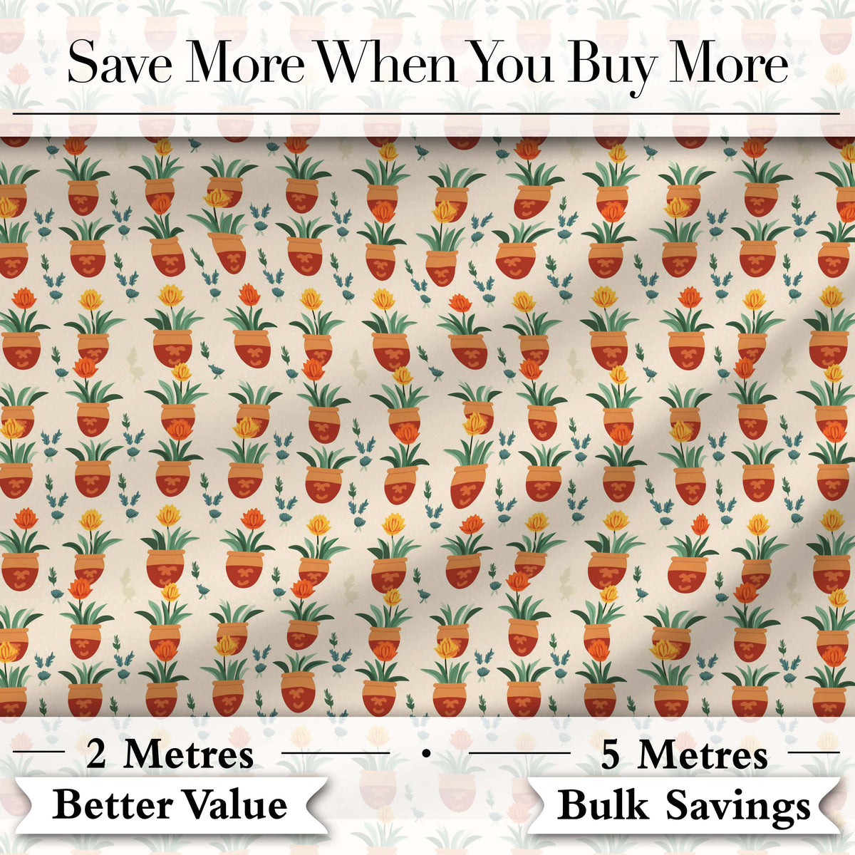 Terracotta Pots Yellow Flowers Seamless Pattern Digital Print Fabric by the Metre UK Sewing Quilting Textile