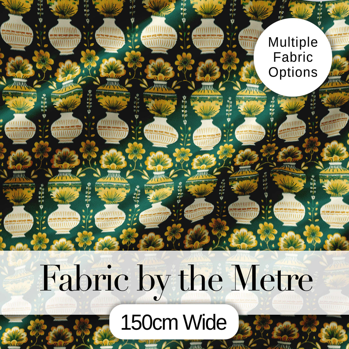 Elegant Vintage Vase Floral Green Seamless Pattern Digital Print Fabric by the Metre UK Sewing Quilting Textile