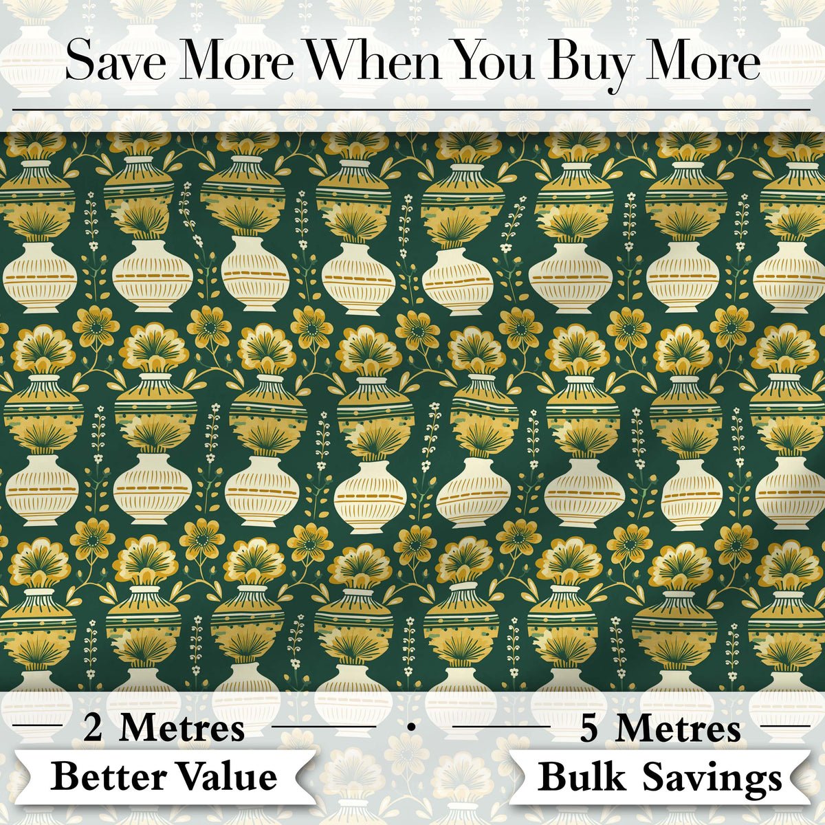 Elegant Vintage Vase Floral Green Seamless Pattern Digital Print Fabric by the Metre UK Sewing Quilting Textile