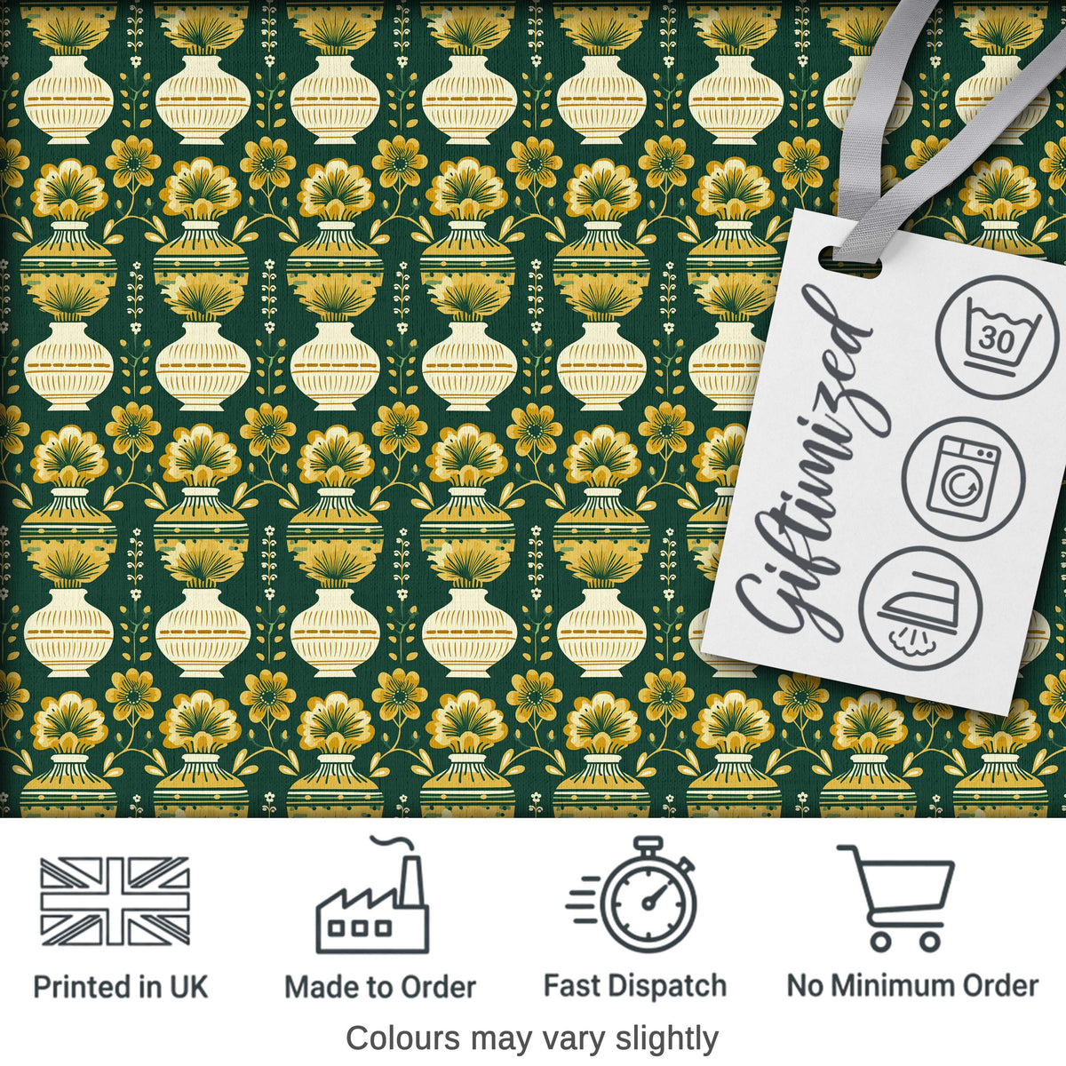 Elegant Vintage Vase Floral Green Seamless Pattern Digital Print Fabric by the Metre UK Sewing Quilting Textile