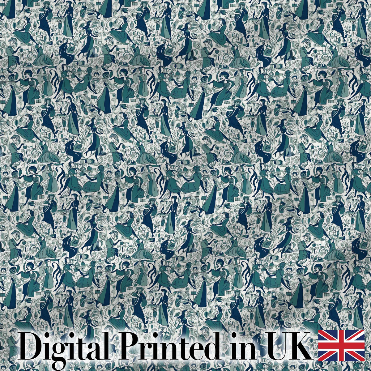 Elegant Blue Art Nouveau Women Seamless Pattern Digital Print Fabric by the Metre UK Sewing Quilting Textile