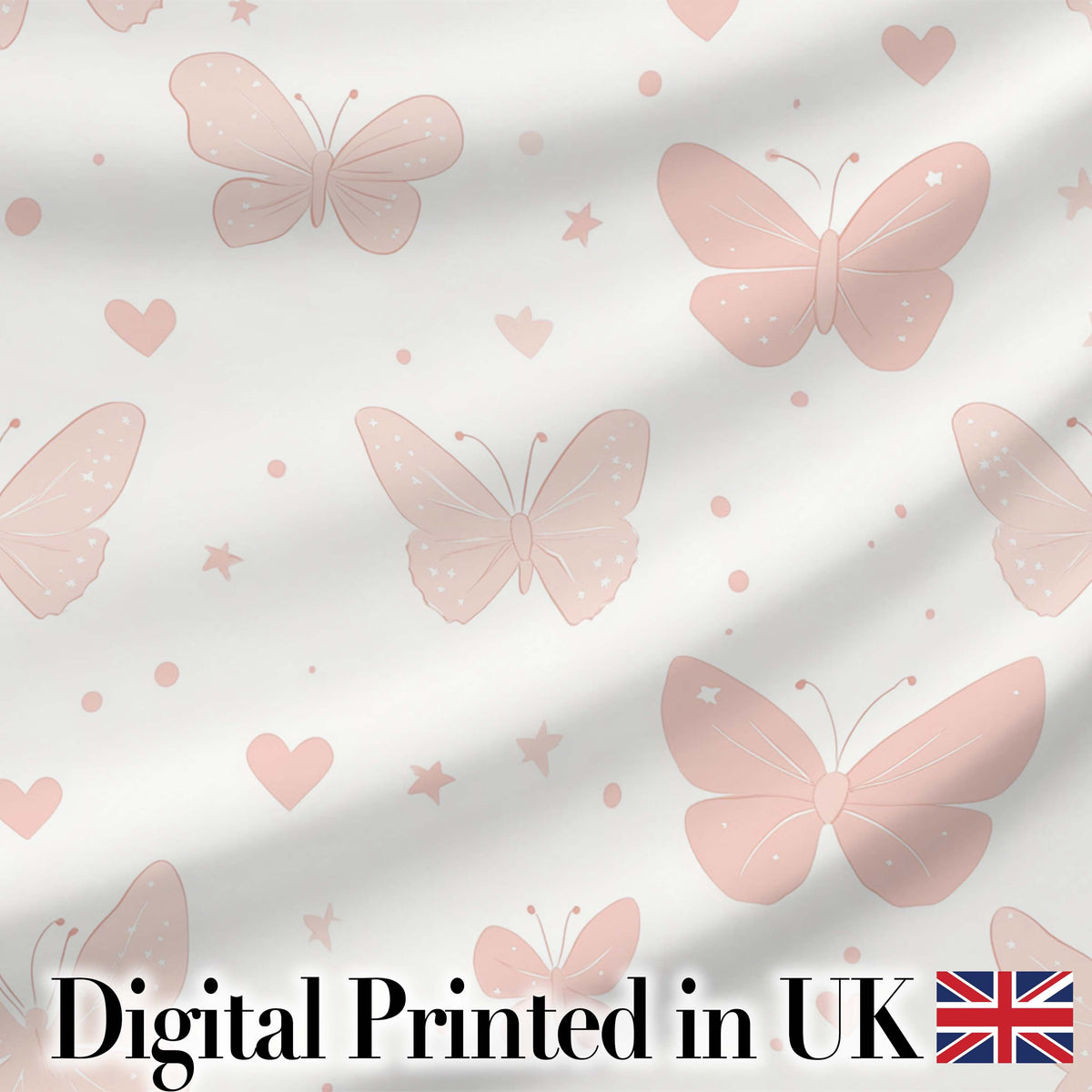 Soft Pink Butterflies Hearts Seamless Pattern Digital Print Fabric by the Metre UK Sewing Quilting Textile