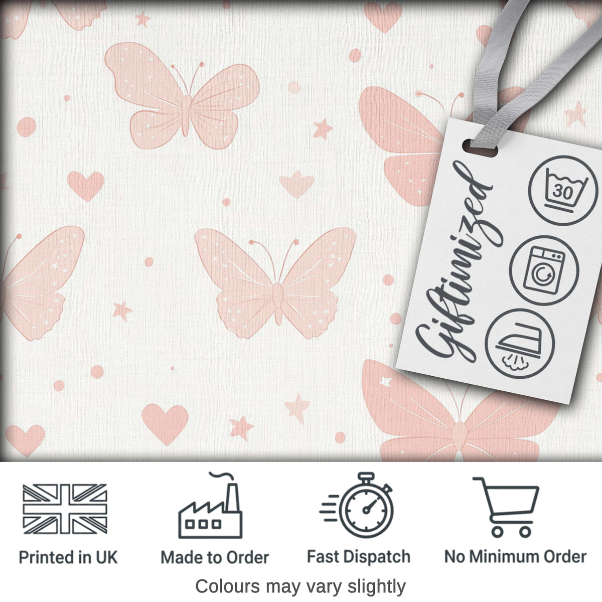 Soft Pink Butterflies Hearts Seamless Pattern Digital Print Fabric by the Metre UK Sewing Quilting Textile