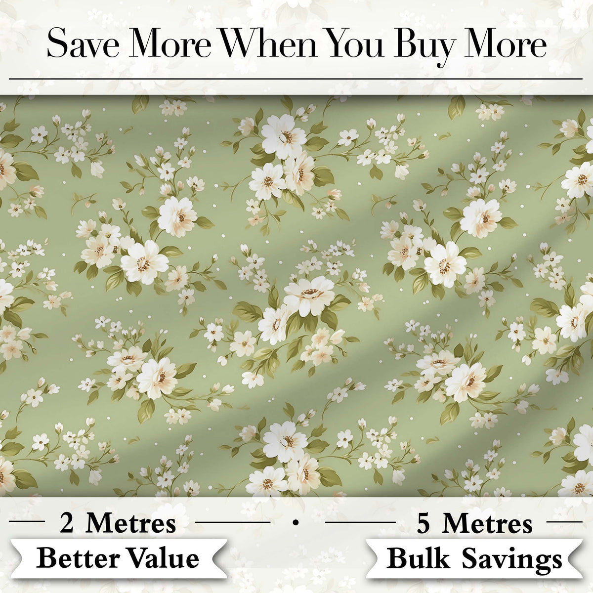Elegant White Flowers Green Background Seamless Pattern Digital Print Fabric by the Metre UK Sewing Quilting Textile