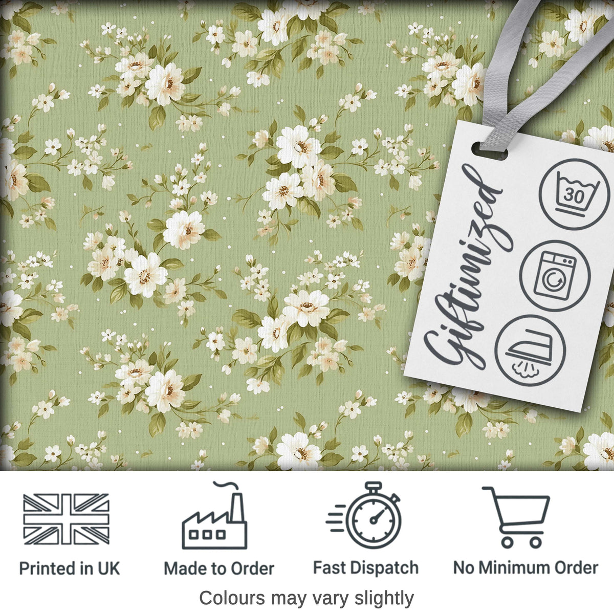 Elegant White Flowers Green Background Seamless Pattern Digital Print Fabric by the Metre UK Sewing Quilting Textile