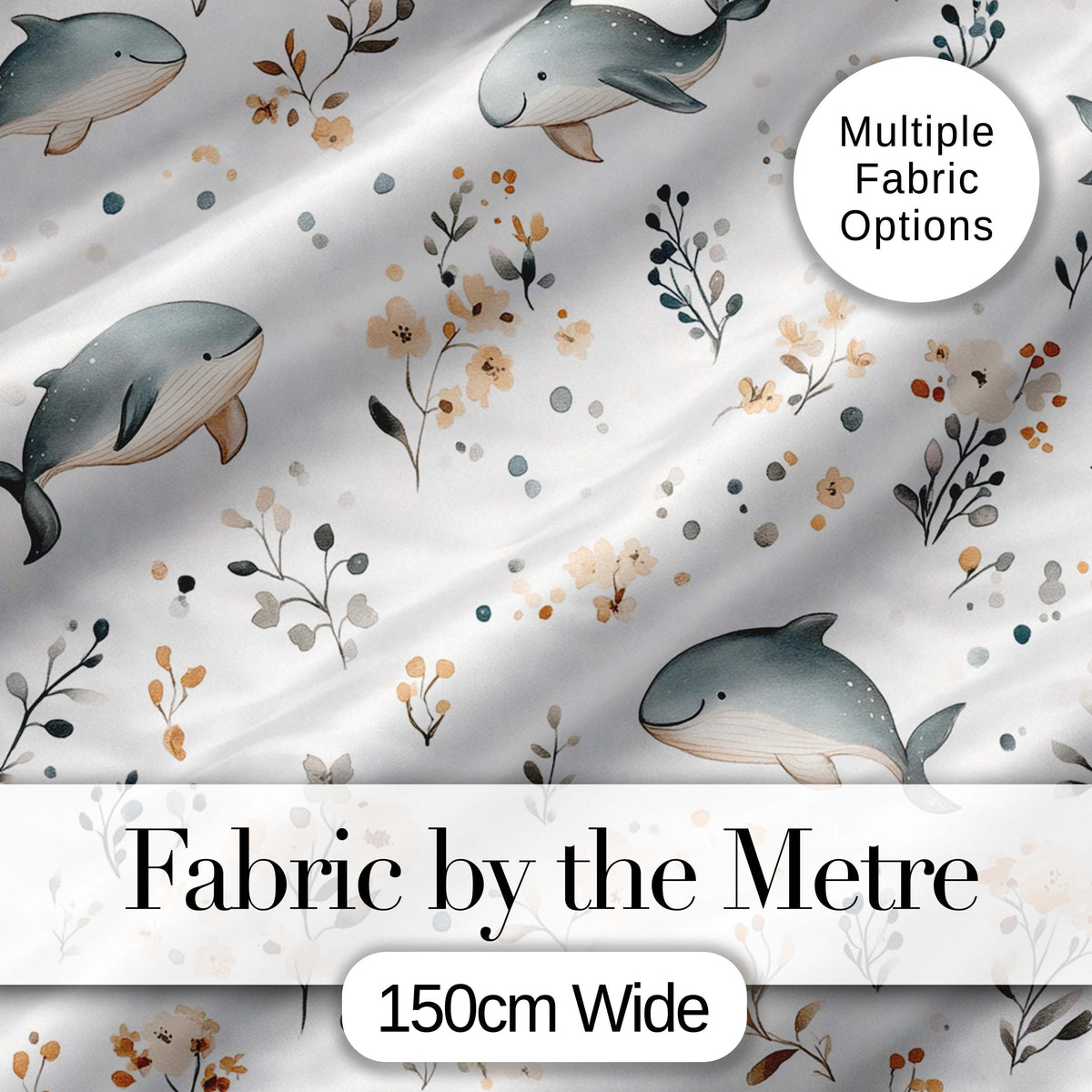 Cute Whales Ocean Floral Minimal Seamless Pattern Digital Print Fabric by the Metre UK Sewing Quilting Textile