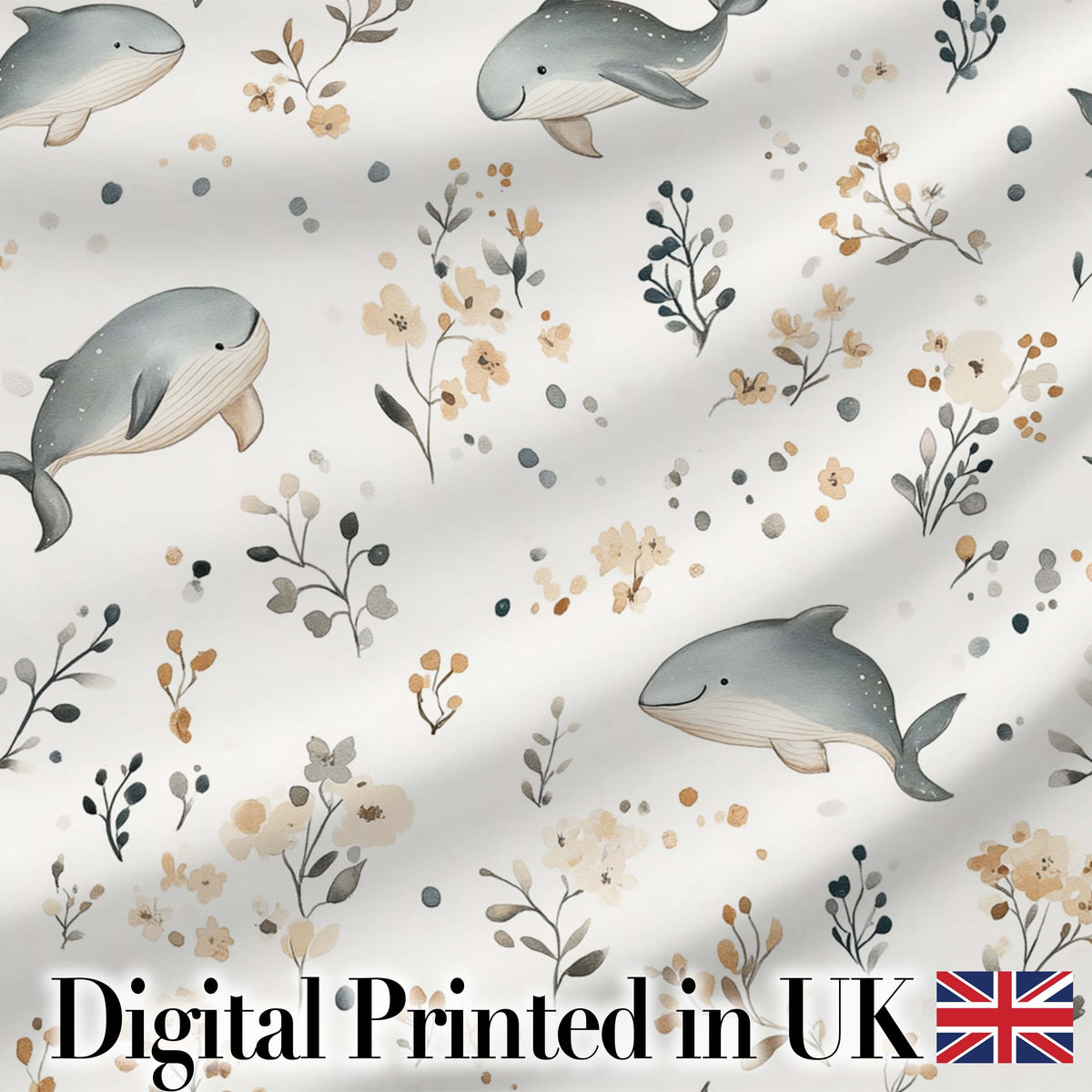 Cute Whales Ocean Floral Minimal Seamless Pattern Digital Print Fabric by the Metre UK Sewing Quilting Textile