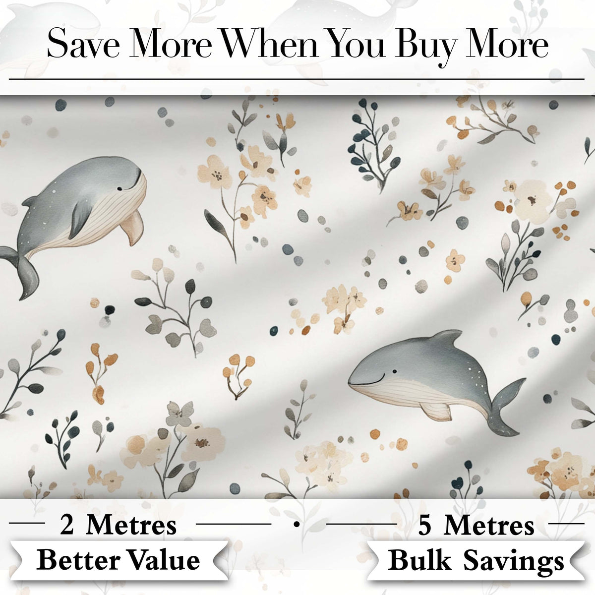 Cute Whales Ocean Floral Minimal Seamless Pattern Digital Print Fabric by the Metre UK Sewing Quilting Textile