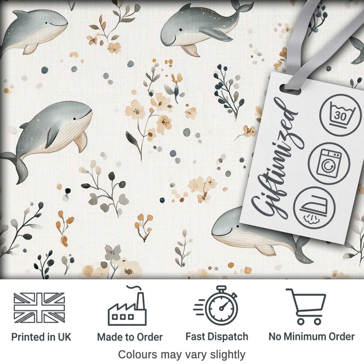Cute Whales Ocean Floral Minimal Seamless Pattern Digital Print Fabric by the Metre UK Sewing Quilting Textile