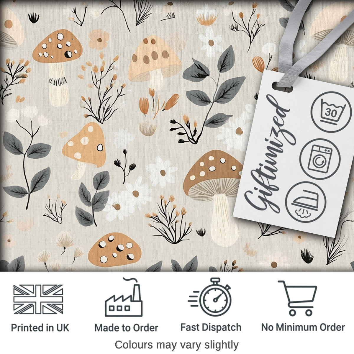 Cute Woodland Mushrooms Floral Seamless Pattern Digital Print Fabric by the Metre UK Sewing Quilting Textile