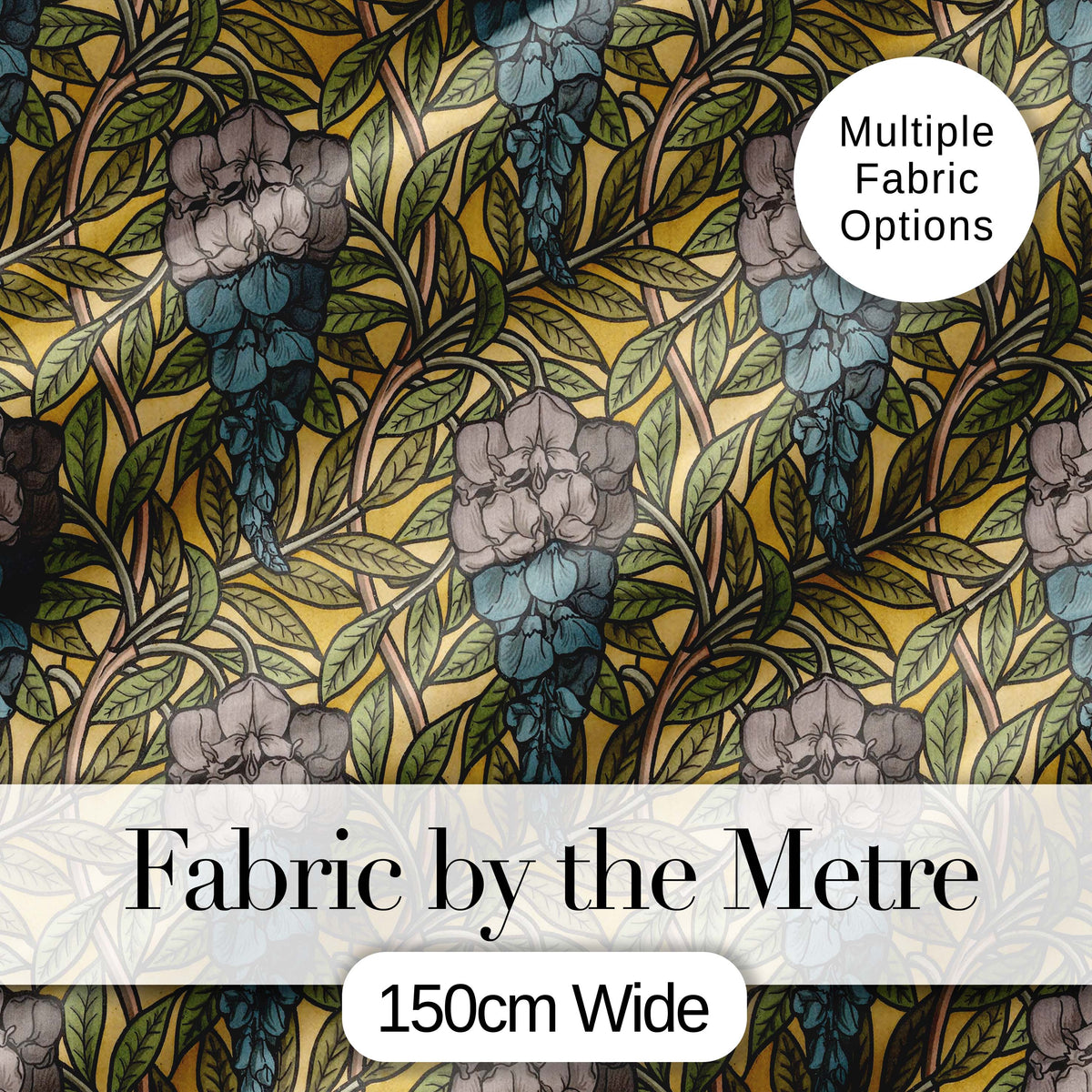 Art Nouveau Floral Blue Yellow Seamless Pattern Digital Print Fabric by the Metre UK Sewing Quilting Textile