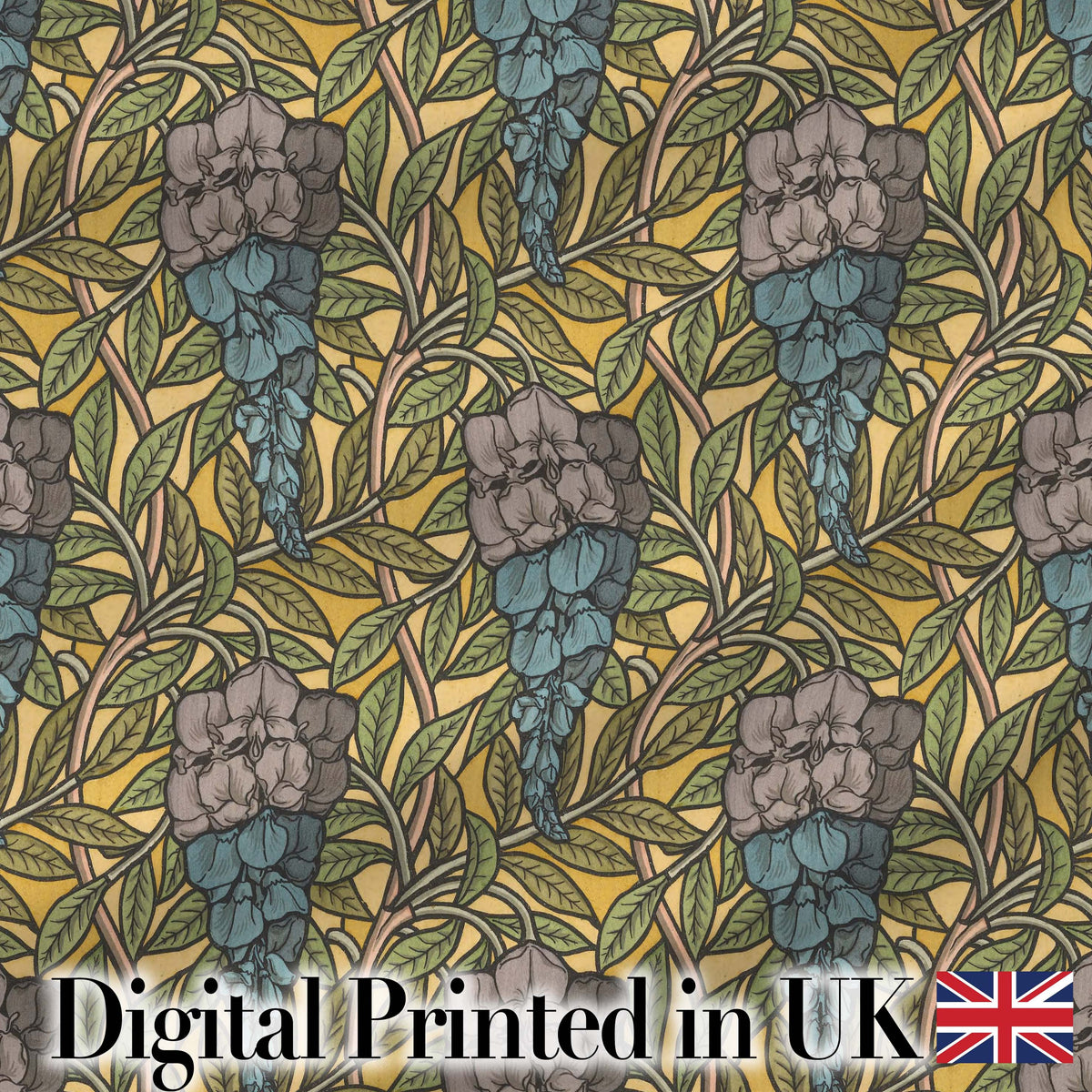 Art Nouveau Floral Blue Yellow Seamless Pattern Digital Print Fabric by the Metre UK Sewing Quilting Textile
