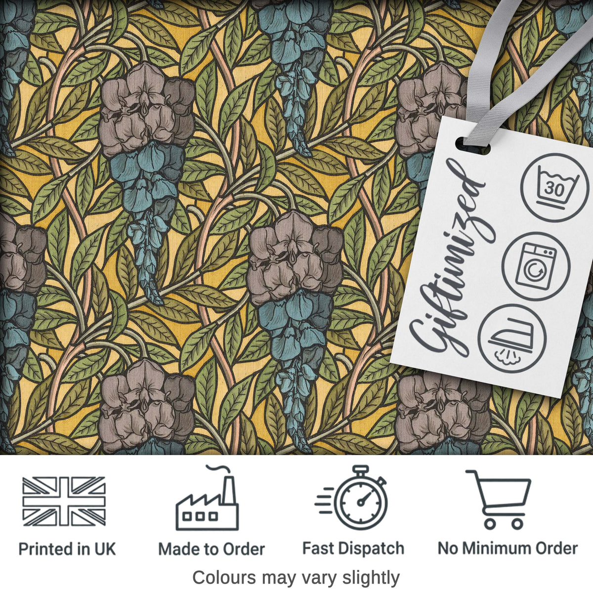 Art Nouveau Floral Blue Yellow Seamless Pattern Digital Print Fabric by the Metre UK Sewing Quilting Textile