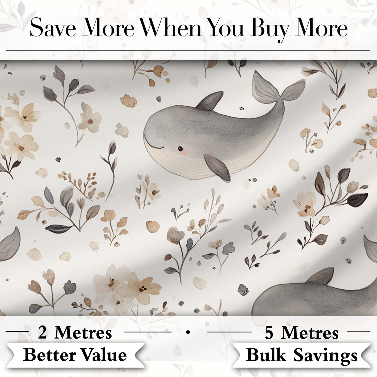 Cute Baby Whale Neutral Floral Seamless Pattern Digital Print Fabric by the Metre UK Sewing Quilting Textile