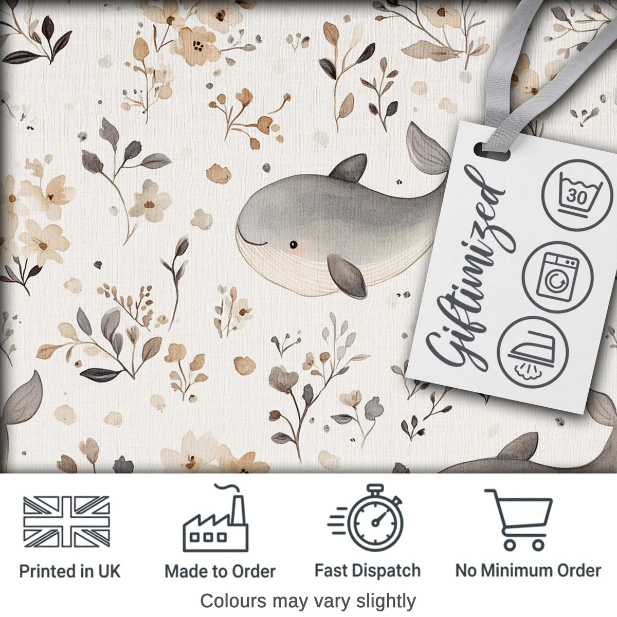 Cute Baby Whale Neutral Floral Seamless Pattern Digital Print Fabric by the Metre UK Sewing Quilting Textile