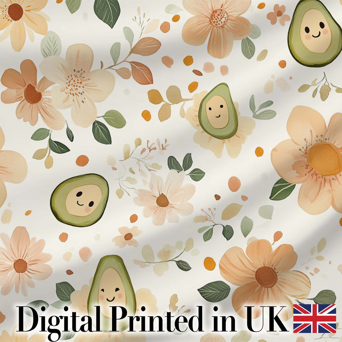 Cute Avocado Floral Pastel Seamless Pattern Digital Print Fabric by the Metre UK Sewing Quilting Textile
