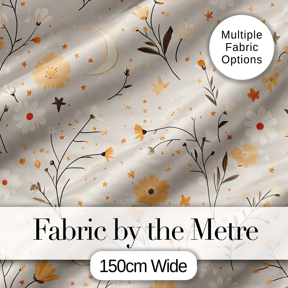 Moon Stars Floral Dreamy Seamless Pattern Digital Print Fabric by the Metre UK Sewing Quilting Textile