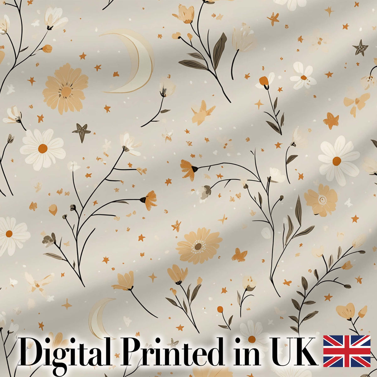 Moon Stars Floral Dreamy Seamless Pattern Digital Print Fabric by the Metre UK Sewing Quilting Textile