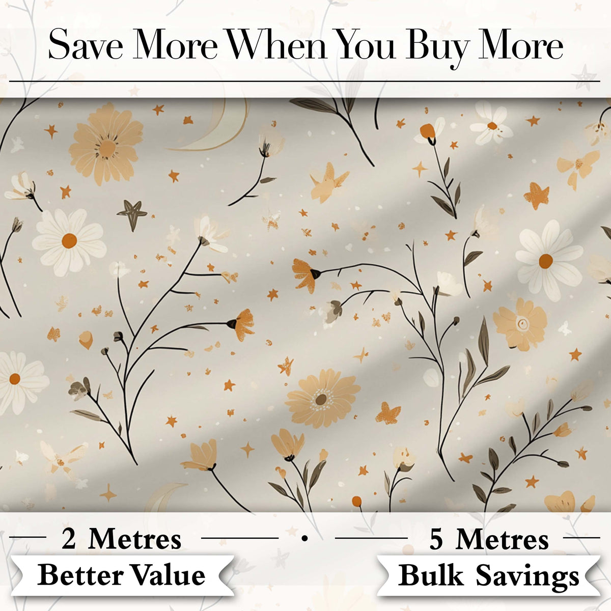 Moon Stars Floral Dreamy Seamless Pattern Digital Print Fabric by the Metre UK Sewing Quilting Textile