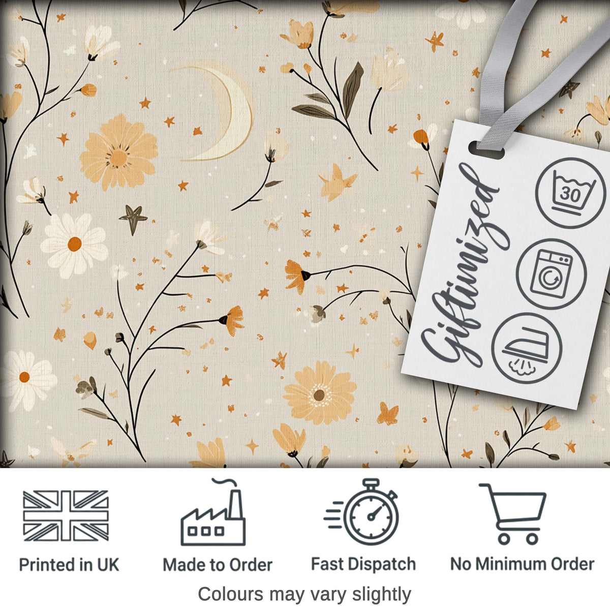 Moon Stars Floral Dreamy Seamless Pattern Digital Print Fabric by the Metre UK Sewing Quilting Textile