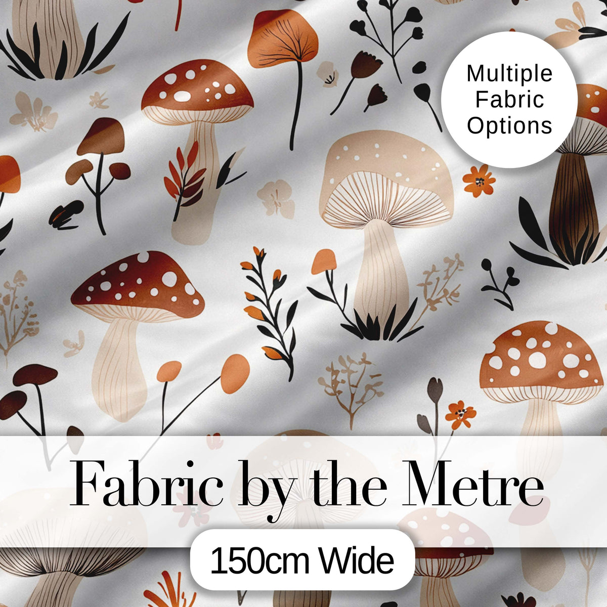 Neutral Mushroom Botanical Autumn Seamless Pattern Digital Print Fabric by the Metre UK Sewing Quilting Textile