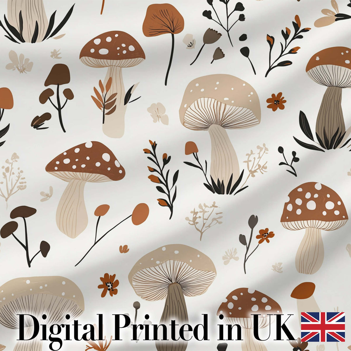 Neutral Mushroom Botanical Autumn Seamless Pattern Digital Print Fabric by the Metre UK Sewing Quilting Textile