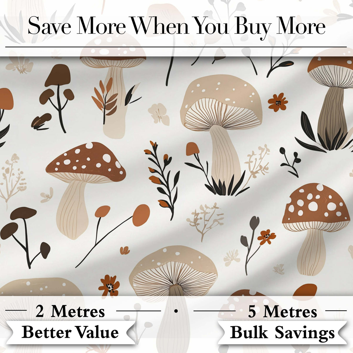 Neutral Mushroom Botanical Autumn Seamless Pattern Digital Print Fabric by the Metre UK Sewing Quilting Textile