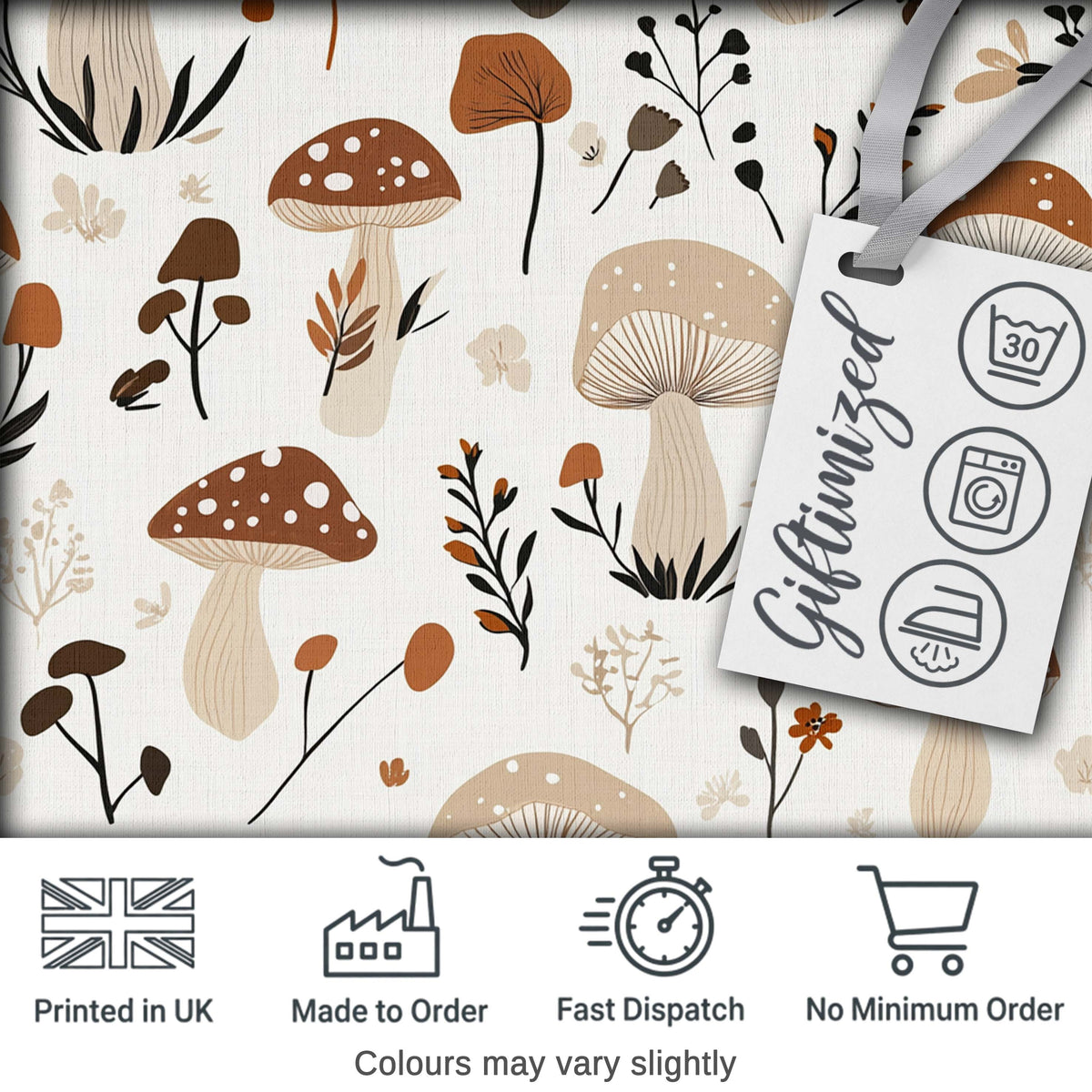 Neutral Mushroom Botanical Autumn Seamless Pattern Digital Print Fabric by the Metre UK Sewing Quilting Textile