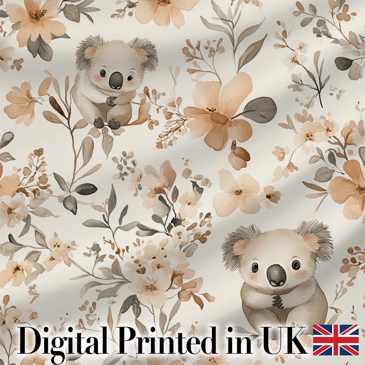 Cute Koala Floral Nursery Soft Neutral Seamless Pattern Digital Print Fabric by the Metre UK Sewing Quilting Textile
