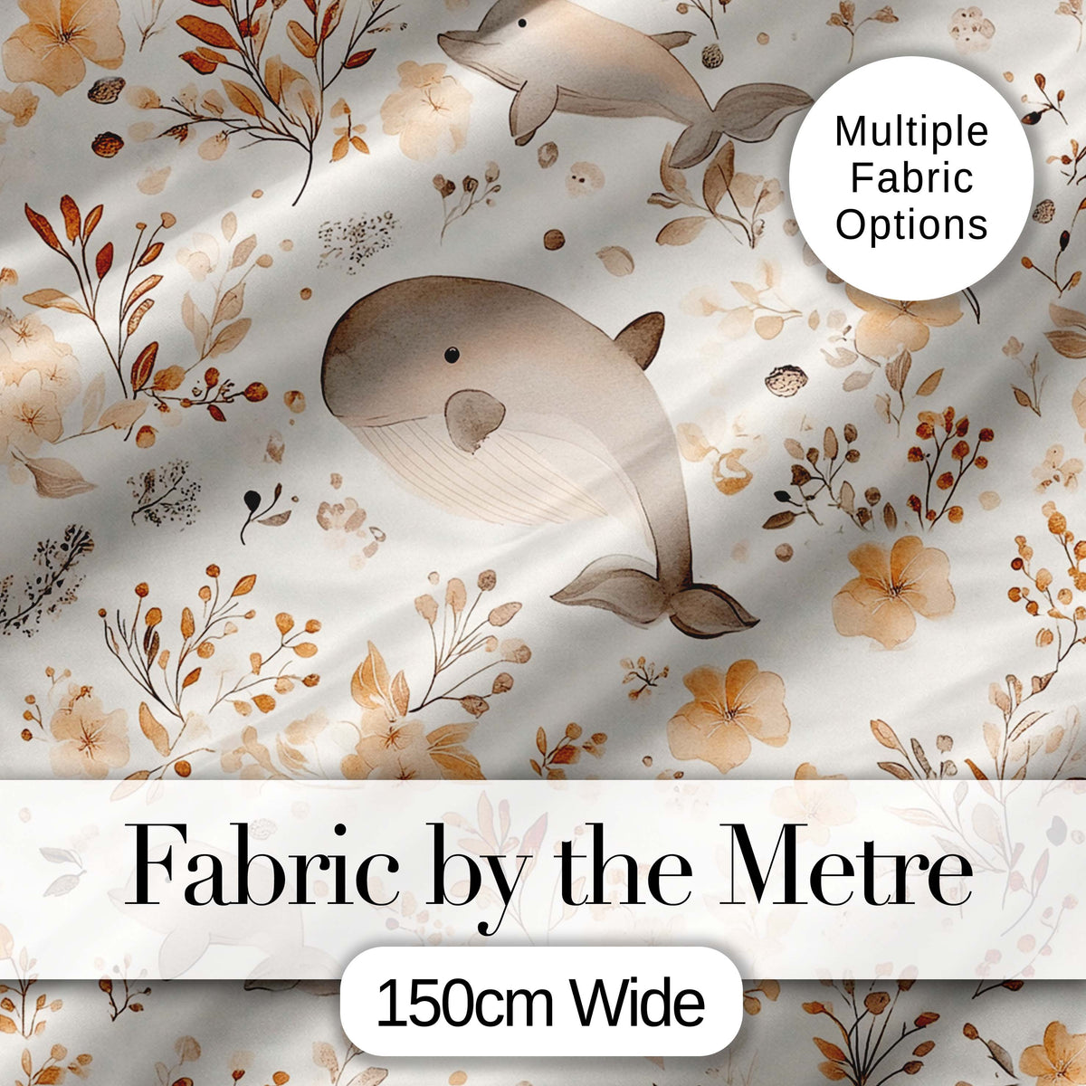 Cute Whale Dolphin Floral Neutral Seamless Pattern Digital Print Fabric by the Metre UK Sewing Quilting Textile