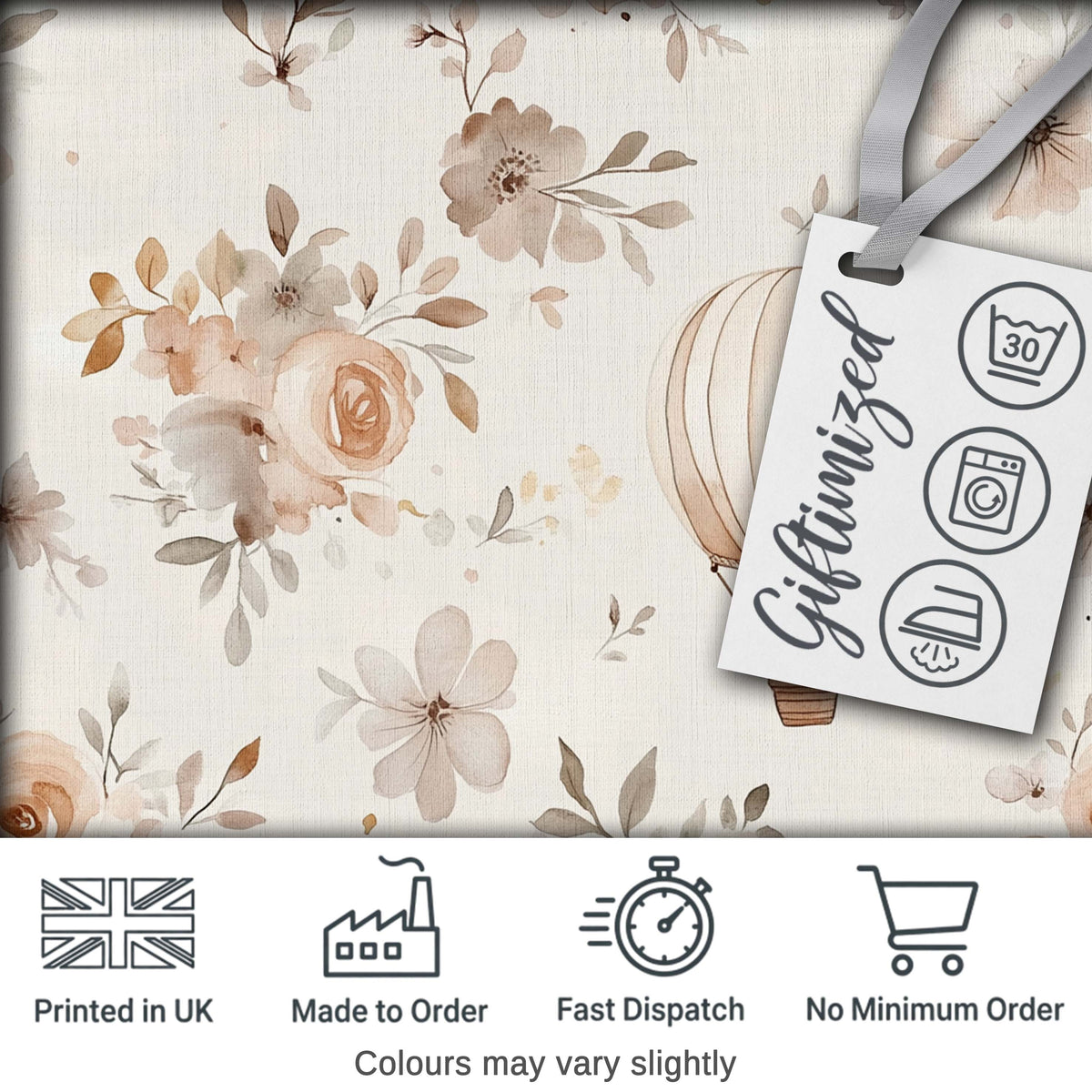 Vintage Floral Balloon Soft Neutral Seamless Pattern Digital Print Fabric by the Metre UK Sewing Quilting Textile
