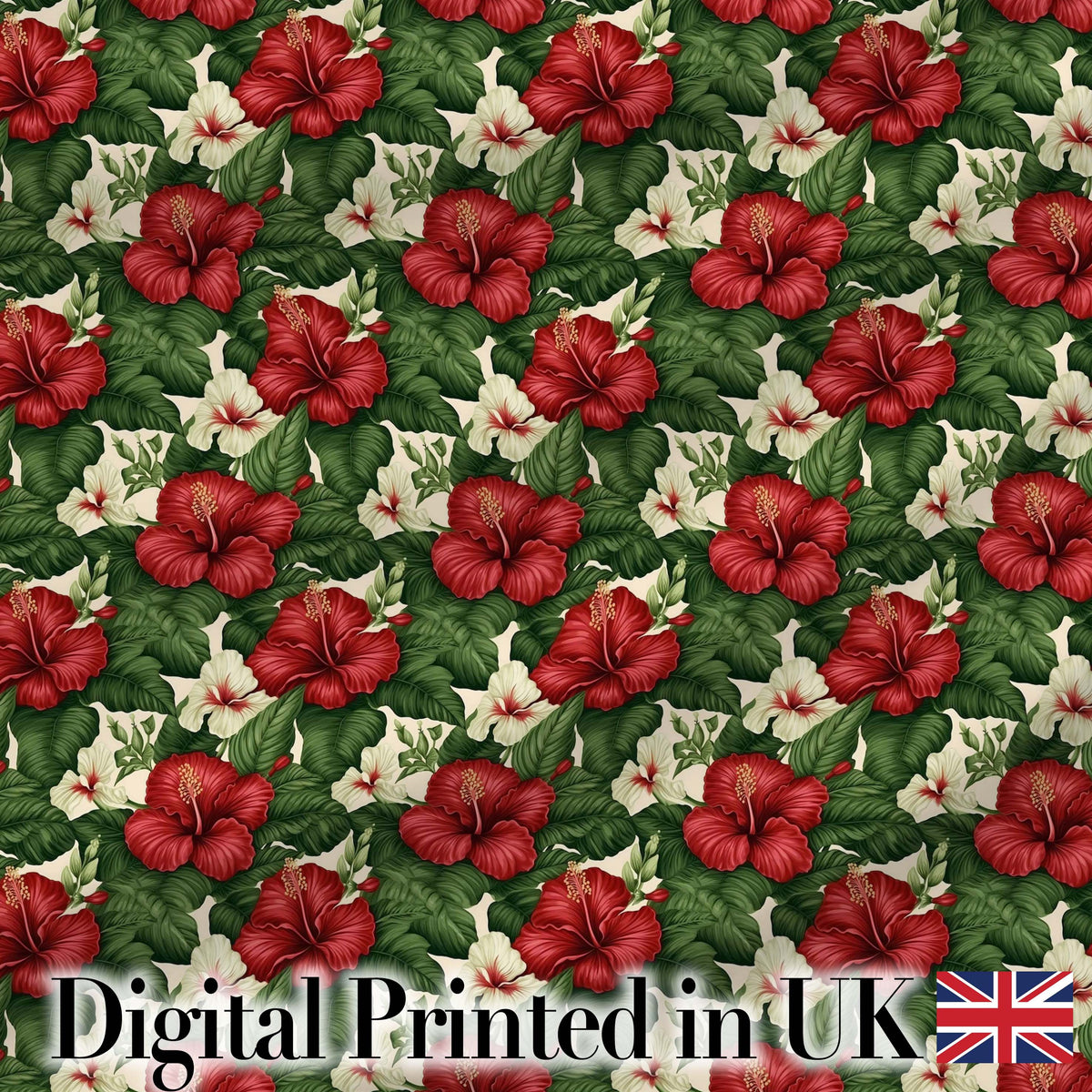 Tropical Hibiscus White Red Botanical Seamless Pattern Digital Print Fabric by the Metre UK Sewing Quilting Textile