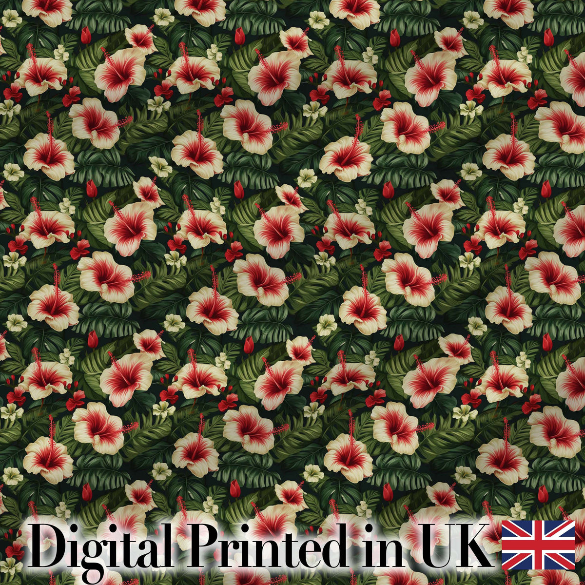 Tropical Hibiscus Cream Red Jungle Seamless Pattern Digital Print Fabric by the Metre UK Sewing Quilting Textile