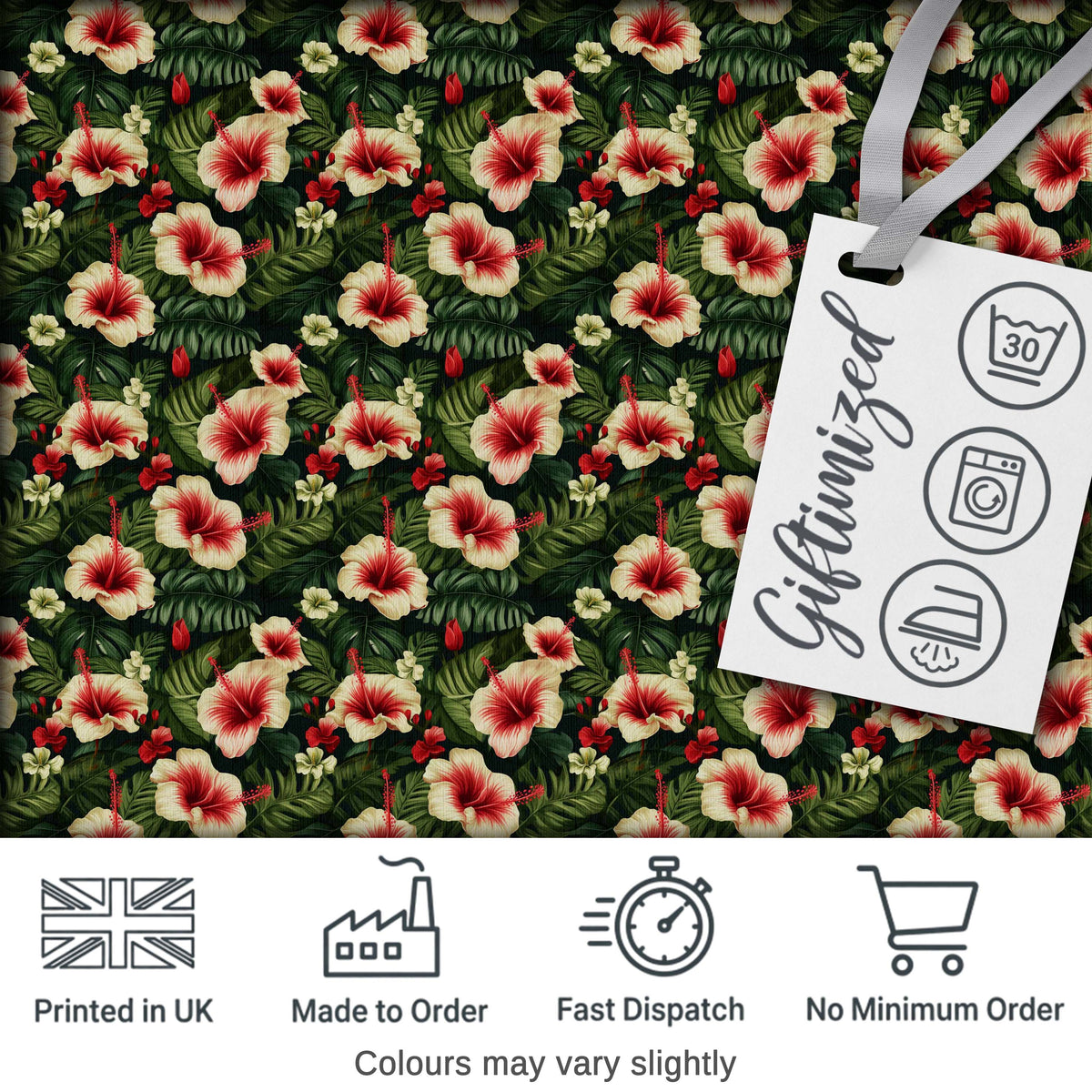 Tropical Hibiscus Cream Red Jungle Seamless Pattern Digital Print Fabric by the Metre UK Sewing Quilting Textile