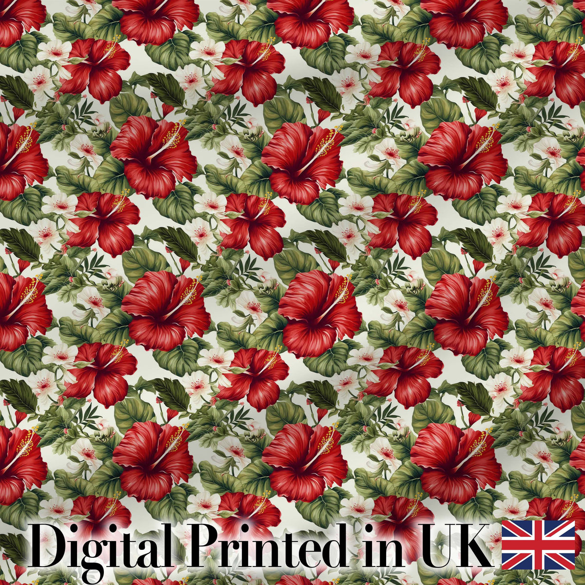 Tropical Red Hibiscus Floral Botanical Seamless Pattern Digital Print Fabric by the Metre UK Sewing Quilting Textile