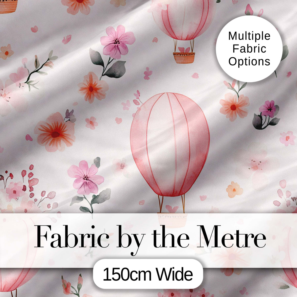 Soft Pink Floral Hot Air Balloon Watercolor Seamless Pattern Digital Print Fabric by the Metre UK Sewing Quilting Textile