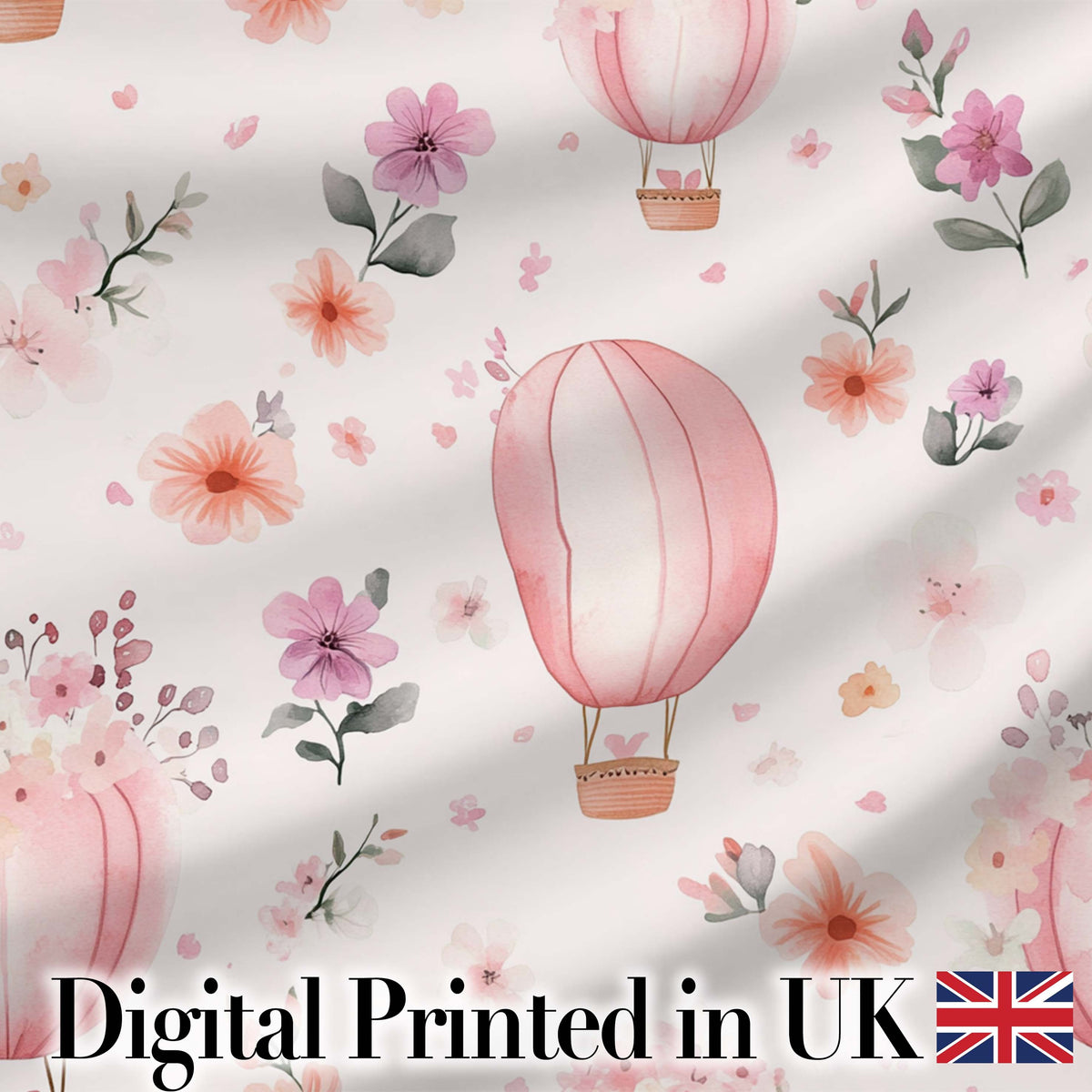 Soft Pink Floral Hot Air Balloon Watercolor Seamless Pattern Digital Print Fabric by the Metre UK Sewing Quilting Textile
