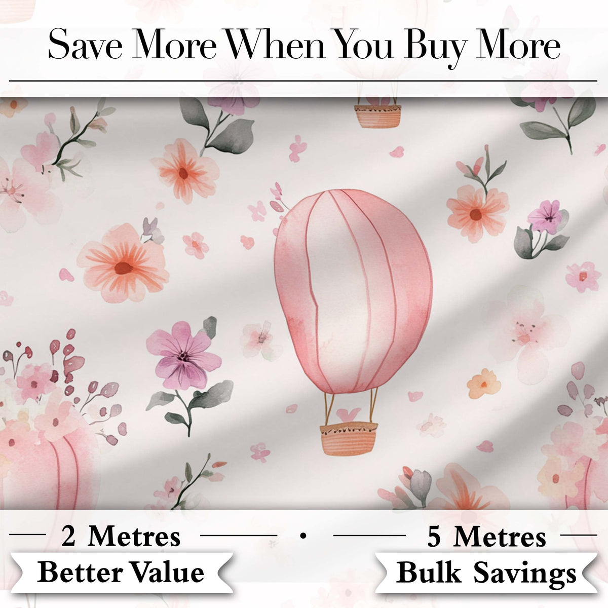 Soft Pink Floral Hot Air Balloon Watercolor Seamless Pattern Digital Print Fabric by the Metre UK Sewing Quilting Textile