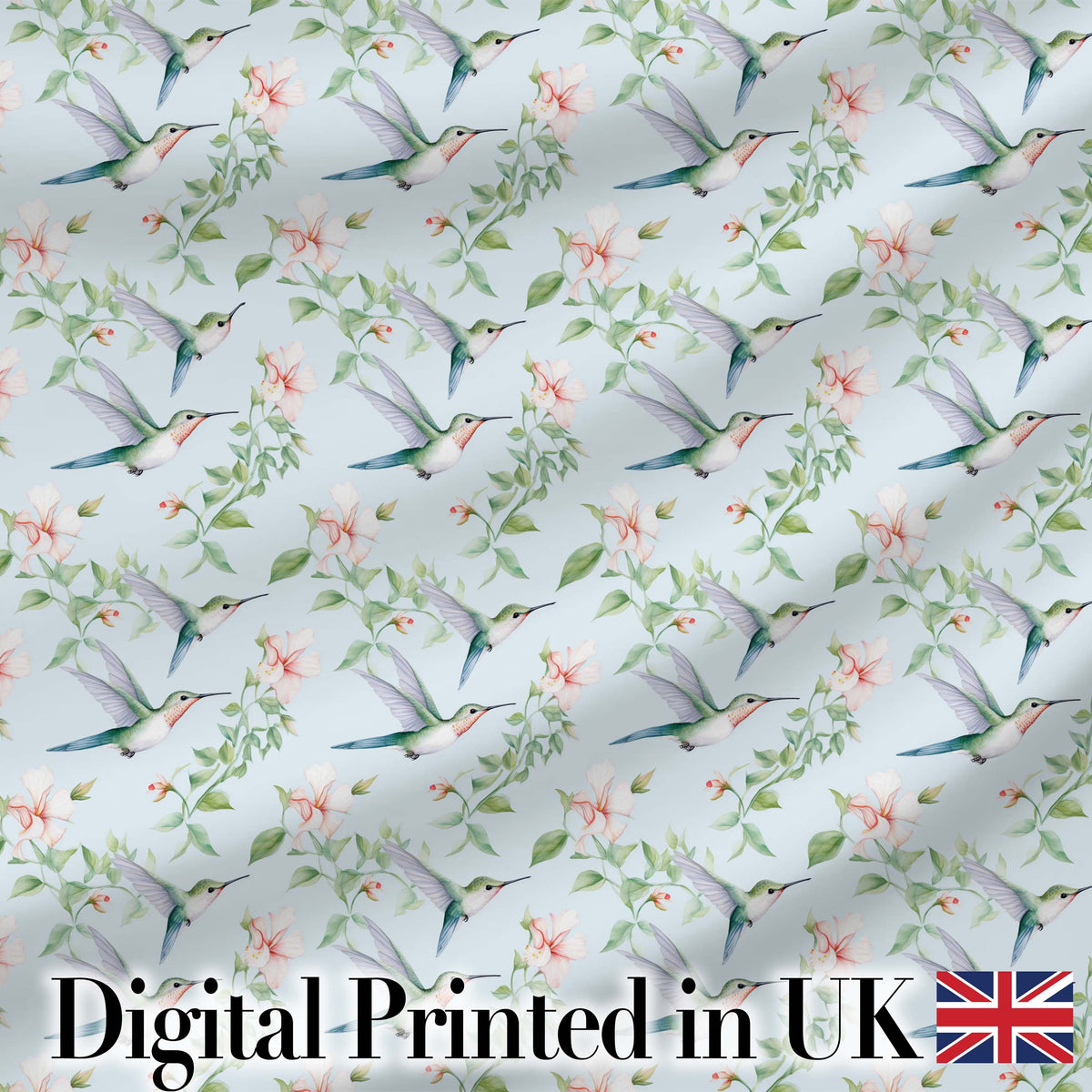 Delicate Hummingbird Floral Soft Blue Seamless Pattern Digital Print Fabric by the Metre UK Sewing Quilting Textile