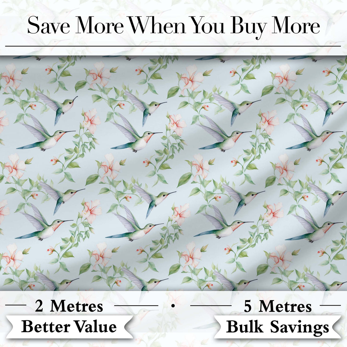 Delicate Hummingbird Floral Soft Blue Seamless Pattern Digital Print Fabric by the Metre UK Sewing Quilting Textile