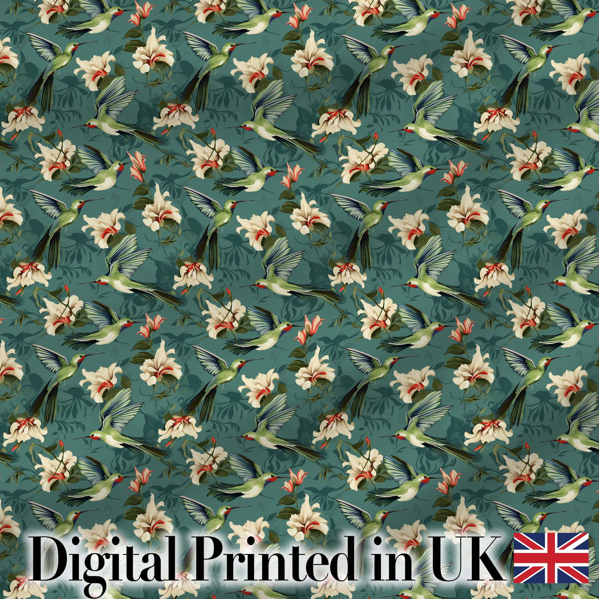 Vintage Hummingbird Lily Floral Dark Green Seamless Pattern Digital Print Fabric by the Metre UK Sewing Quilting Textile