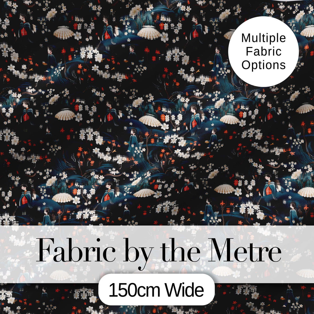 Elegant Japanese Women Floral Night Garden Seamless Pattern Digital Print Fabric by the Metre UK Sewing Quilting Textile