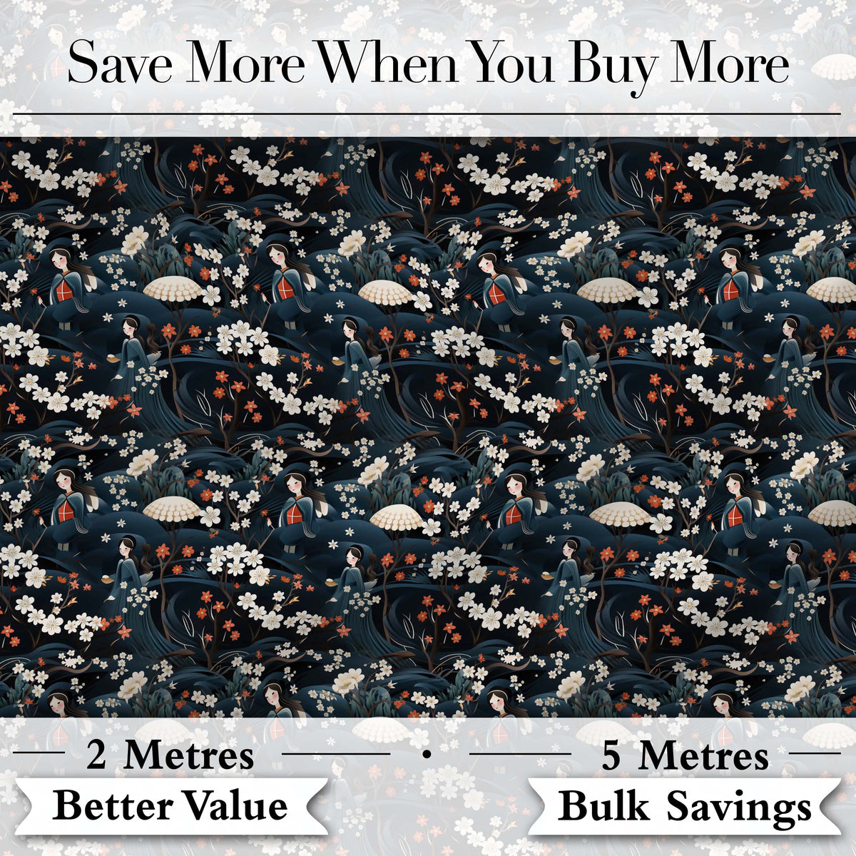 Elegant Japanese Women Floral Night Garden Seamless Pattern Digital Print Fabric by the Metre UK Sewing Quilting Textile